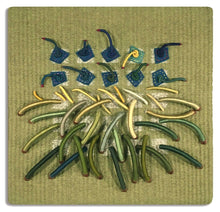 Load image into Gallery viewer, Woven textile relief sculpture overall, nature inspired greens and accented with greens, blues, yellows and flecks of red