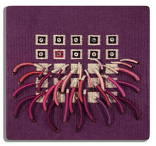 Load image into Gallery viewer, woven textile relief sculpture overall, playful colors on a dark wine background
