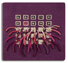 Load image into Gallery viewer, woven textile relief sculpture overall, playful colors on a dark wine background