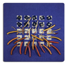 Load image into Gallery viewer, textile fiber relief sculpture overall, vibrant playful colors on a blue background