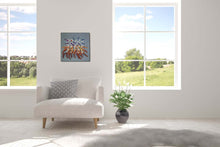 Load image into Gallery viewer, textile relief sculpture in site mockup, vibrant playful colors on a muted blue background