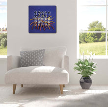 Load image into Gallery viewer, textile fiber relief sculpture in site mockup, vibrant playful colors on a blue background