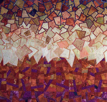 Load image into Gallery viewer, Unique machine quilted and appliquéd art quilt, detail 1, incorporating multi colored range with the overall color being red. 
