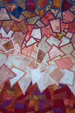 Load image into Gallery viewer, Unique machine quilted and appliquéd art quilt, detail 2, incorporating multi colored range with the overall color being red. 
