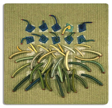 Load image into Gallery viewer, Woven textile relief sculpture overall, nature inspired greens and accented with greens, blues, yellows and flecks of red
