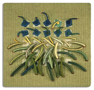 Woven textile relief sculpture overall, nature inspired greens and accented with greens, blues, yellows and flecks of red