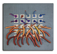 Load image into Gallery viewer, textile relief sculpture overall, vibrant playful colors on a muted blue background
