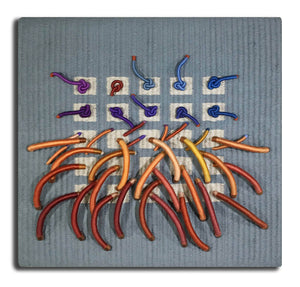 textile relief sculpture overall, vibrant playful colors on a muted blue background