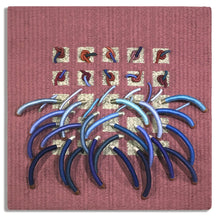 Load image into Gallery viewer, woven textile relief sculpture overall, vibrant playful blue and red colors on a dusty rose background
