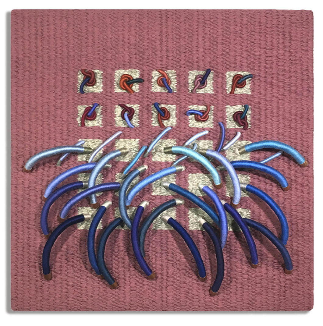 woven textile relief sculpture overall, vibrant playful blue and red colors on a dusty rose background