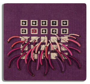 woven textile relief sculpture overall, playful colors on a dark wine background
