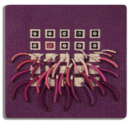 woven textile relief sculpture overall, playful colors on a dark wine background