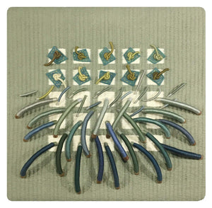 textile fiber relief sculpture, green blue yellow and cream colors, visually exciting, overall image