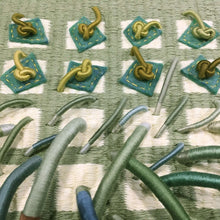 Load image into Gallery viewer, textile fiber relief sculpture detail 3, green blue yellow and cream colors, visually exciting
